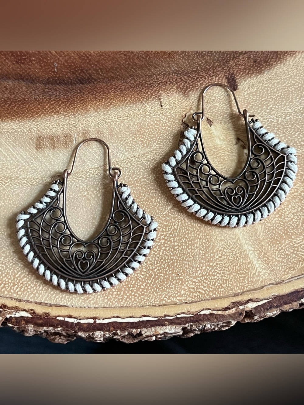 Filigree Hoop Earrings with White Thread Accent